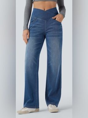 Halara Flex Crossover Waist Straight Leg Denim Stretch Jeans Pants Medium Blue